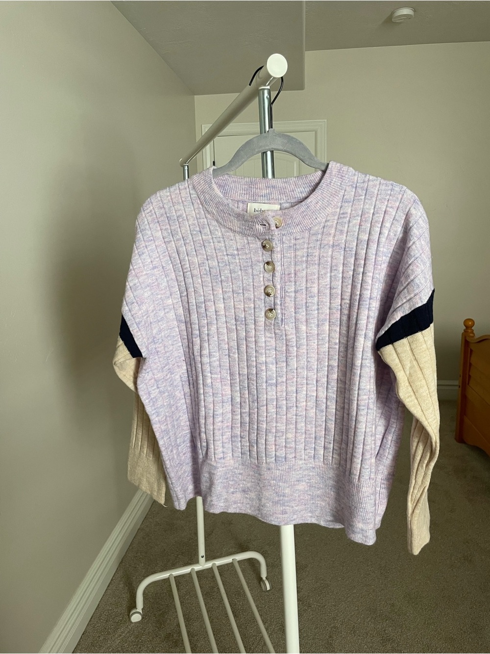 bohme Lavender Ribbed Crewneck Sweater with Cream & Navy Sleeve Accents